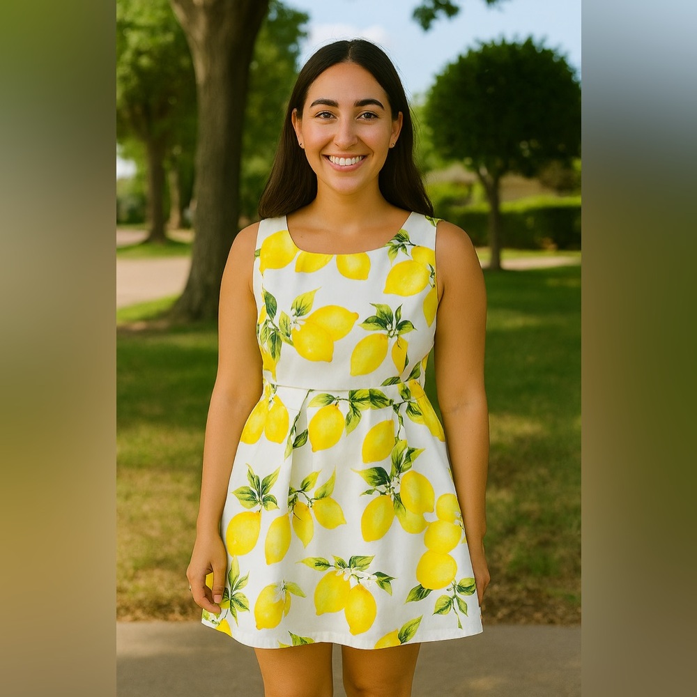 Lemon Chello Print Sleeveless Crew Peplum Dress by CRFS- Size Medium